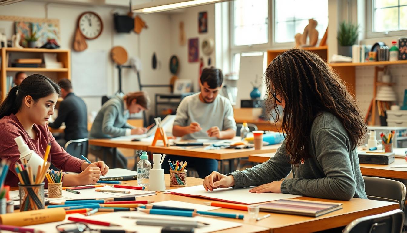 Students studying together in modern classroom